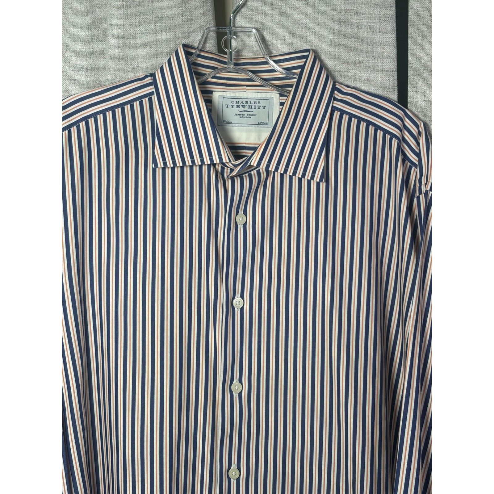 Charles Tyrwhitt Mens 17.5 36 Striped Dress Shirt Navy Blue Orange Spread Collar